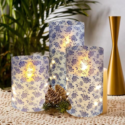 Image of Flickering Flameless Candles Vintage Blue Floral Print, Embedded Star String Lights, Battery Operated Acrylic LED Pillar Candles with 11-Key Remote and Timer for Home Decoration, 3 Pack
