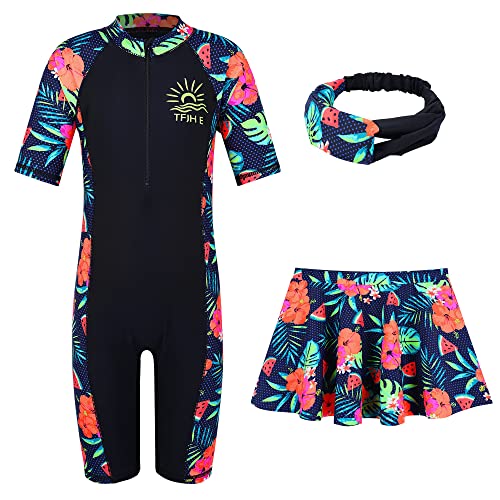Image of TFJH E 3 in 1 Sets Girls Swimsuits Short Sleeve Rashguard Suit UV 50+ Princess Swimwear Dress Skirt Zip 3-12Y