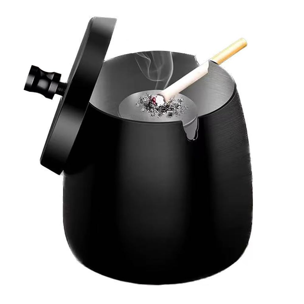 Stainless Steel Ashtray with Lid, Windproof Rainproof Ashtrays for Inside or Outdoors (Black)