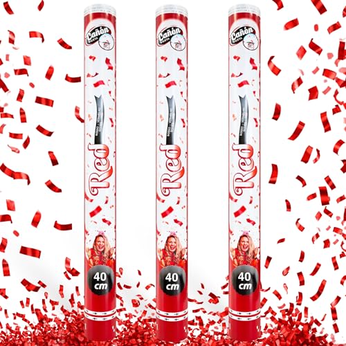 Cañón Confeti Boda, Cañón para fiestas y eventos, Fáciles y Seguros de Usar, Apto para bodas, eventos, celebraciones,  Uso interior y Exterior, Pack de 3 unidades (Metalizado Rojo, 40 cm)