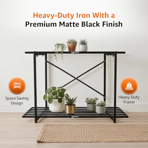 Image of Amazon Basics Heavy Duty 2-Tier Plant Stand | Rust-Resistant Powder Coated Finish | Multipurpose Shelves | Reinforced X-Frame Stability | Indoor & Outdoor Use | Balcony, Garden & Living Room | Black