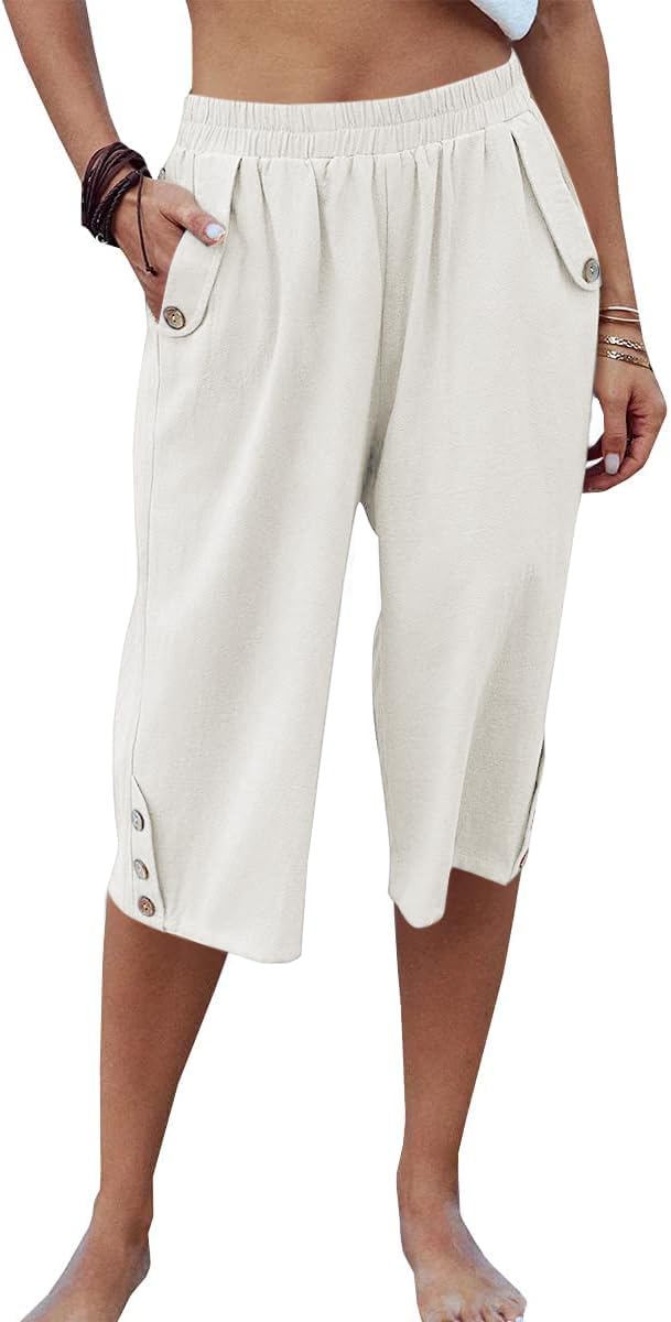 Cicy Bell Damen 3/4 Hosen Sommer Capri Hose 100% Baumwolle Freizeithose Elastische Taille Palazzo Hose mit Taschen