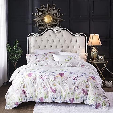 Floral Printed Duvet Cover Sets Double Size Soft Brushed Microfibre Reversible Green Aesthetic Flowers Natural Bed Quilt Covers with Pillowcases Easy Care Bedding Set Zipper Closure White Pink Cover
