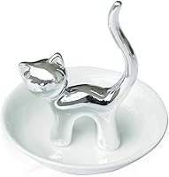 Lependor Silver Cat Ring Holder - Cute Ceramic Jewelry Tray for Rings, Earrings, Bracelets | Adorable Trinket Dish Gift for Women Girls
