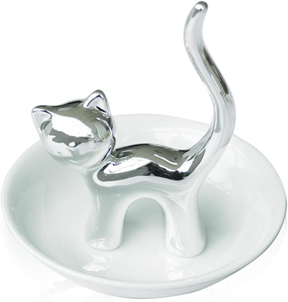 LependorLEPENDOR Silver Cat Ring Holder Ring Dish Jewelry Holder Rings Bracelets Earrings Trinket Tray for Women Girls Birthday Gift - Silver Cat