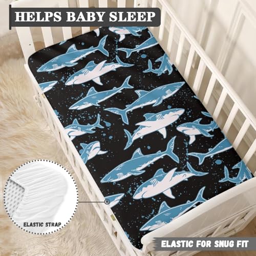 Image of Blue Sharks Fitted Crib Sheet Marine Sharks Baby Crib Sheet Fit Standard Crib and Toddler Mattress,Crib Mattress Sheets for Boys Girls 28 inchx52 inch