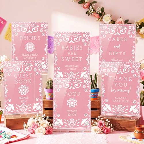 Image of Vercraft 6 Pcs Cielito Lindo Baby Shower Table Decoration Mexican Fiesta Papel Picado Thank You Acrylic Sign 6 x 8 Inch Pink Cielito Lindo Centerpieces with Stand Mexican Party Decoration