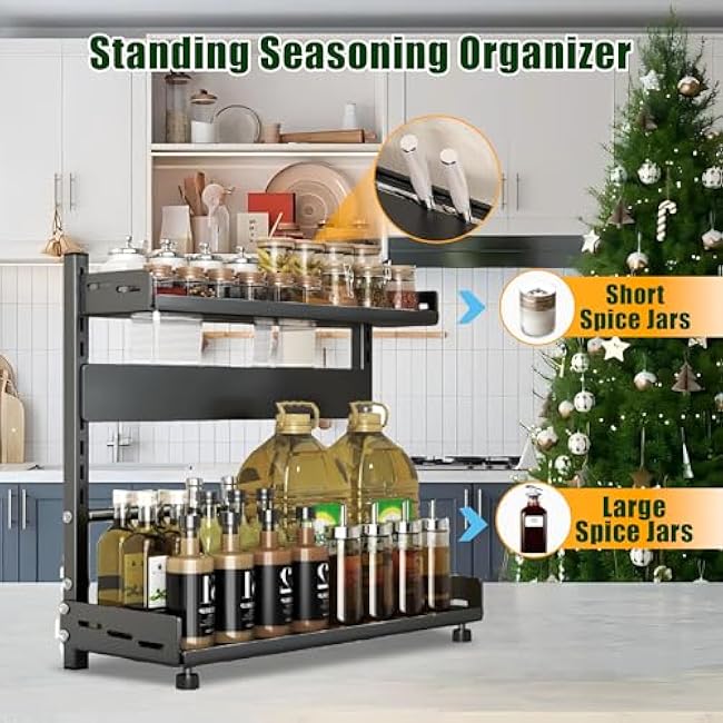 Spice Organization for Cabinet | 2 Tier Standing Height-Adjustable Spice Rack | Large Metal Rust-Proof Seasoning Organizer | Kitchen Storage Organization Shelf for Pantry Bathroom (2-40CM Black)