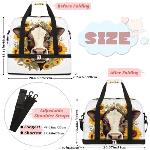 Travel Duffel Bags Sunflower Cow Foldable Weekender Bags for Women with Shoes Compartment Waterproof & Tear Resistant Carry on Overnight Luggage Duffel Bag Shoulder Sports Tote Bag,A-3132