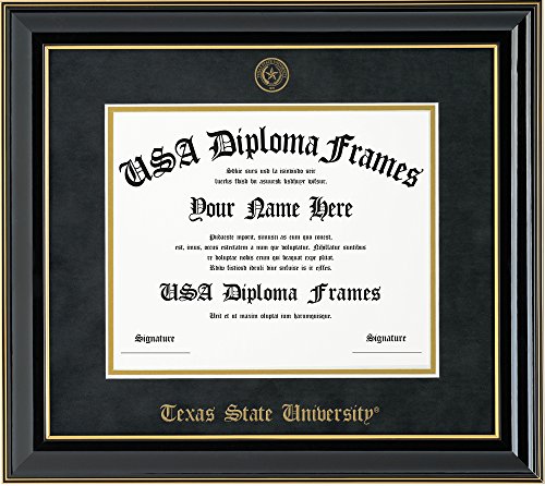 Texas State University Diploma Frame - Black with Gold Accent Frame and Black Suede Mat