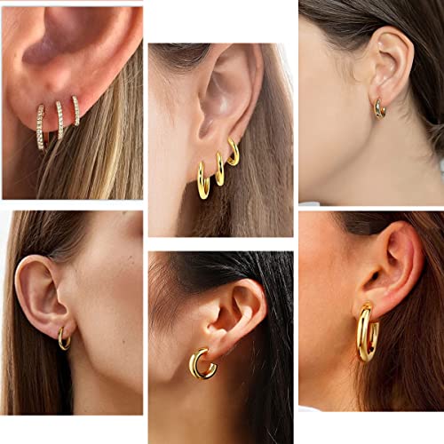 9 Pairs Chunky Gold Plated Hoop Earrings Lightweight 14K Gold Plated Hoops Earrings Minimalist Artificial Cubic Zirconia Huggie Earrings Set for Women3