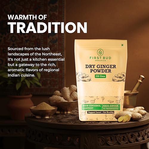 Image of First Bud Organics Dry Ginger Powder - 250gm | Organic Ginger Powder With High Gingerol Content | Non GMO, Gluten Free & No Preservatives | Perfect For Cooking, Baking, Smoothies, and Teas