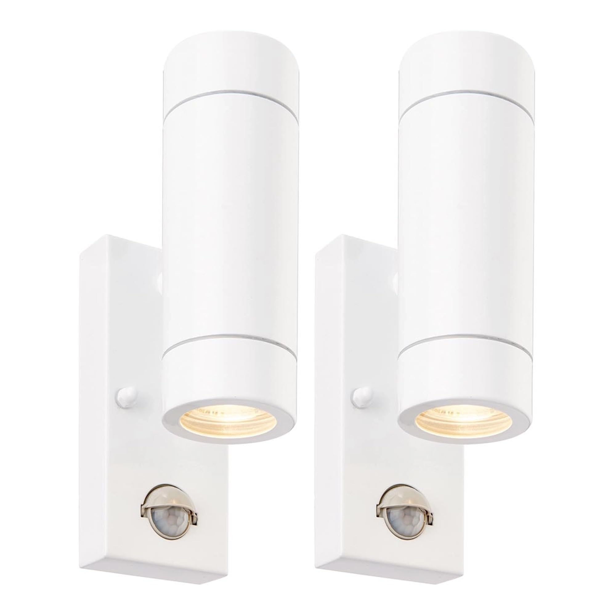 Palin Outdoor Lights with Built-in PIR – Outside Lights Mains Powered – GU10 LED Compatible Outdoor Wall Lights – Up Down Outside Lights – IP44 Rated Wall Light, Gloss White - 2 Pack