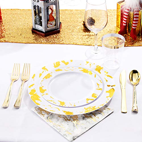 Nervure 175Pcs Gold Plastic Plates With Marble Printing & Gold Plastic Silverware:50 Plates, 25 Forks, 25 Knives, 25 Spoons, 25 Cups, 25 Napkins For Party & Wedding #TOP3