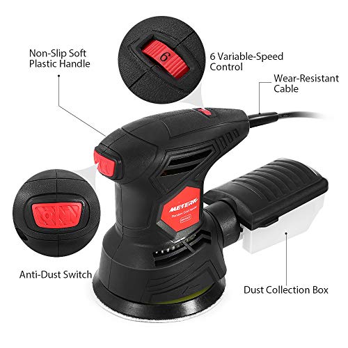 Meterk 5 Inch Random Orbit Sander 2.5A Orbital Sander with 12Pcs Sandpapers, 12000RPM, 6 Variable Speed, Efficient Dust Collector, Ideal for Finishing, Sanding, Polishing Wood