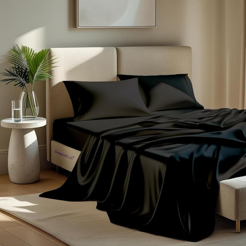 Image of Premium Satin Double Bed (90x100 Inchs) with 2 Pillow Cover Bedsheet Ultra Soft & Silky Smooth, Breathable Cooling Fabric, Luxury Glossy Finish|Midnight Black