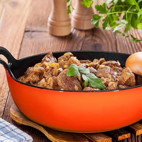 Image of Enamel Coated 24cms Cast Iron Pan with Wooden Lid Induction Friendly Heavy Duty Cookware