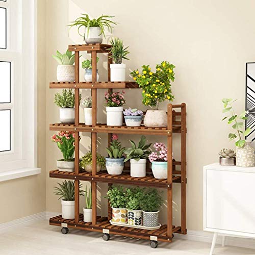 Easy installation Wood Flower Pots Holder Display Rack with Wheel, 5 Tier Flower Rack Plant Stand, Shoes Shelf Storage Rack Shelving Unit for Indoor Garden Balcony Living room Simple and elegant
