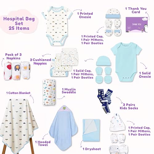 Image of MOM'S HOME Newborn Baby Gift Set (0-6 Months) | 25 Pieces Organic Cotton Essentials Kit | Hospital Bag (Multicolor)