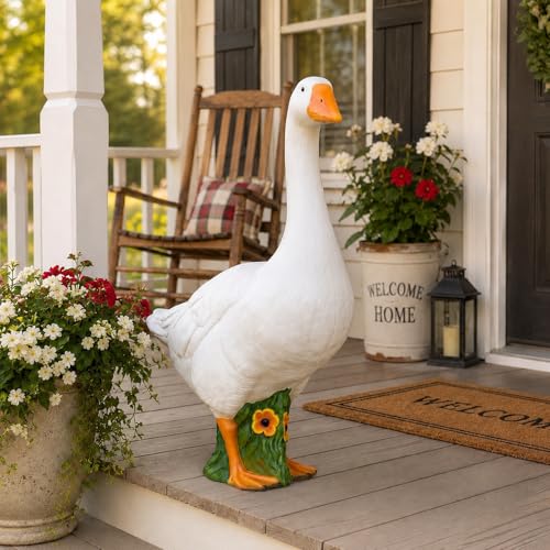6/11/14 Inch Porch Goose Statue Large Resin Garden Goose with Realistic Cement Finish Hollow Sand-Fillable Base Outdoor Lawn Ornament for Front Yard Patio Backyard Farmhouse Decor (B-14 In)