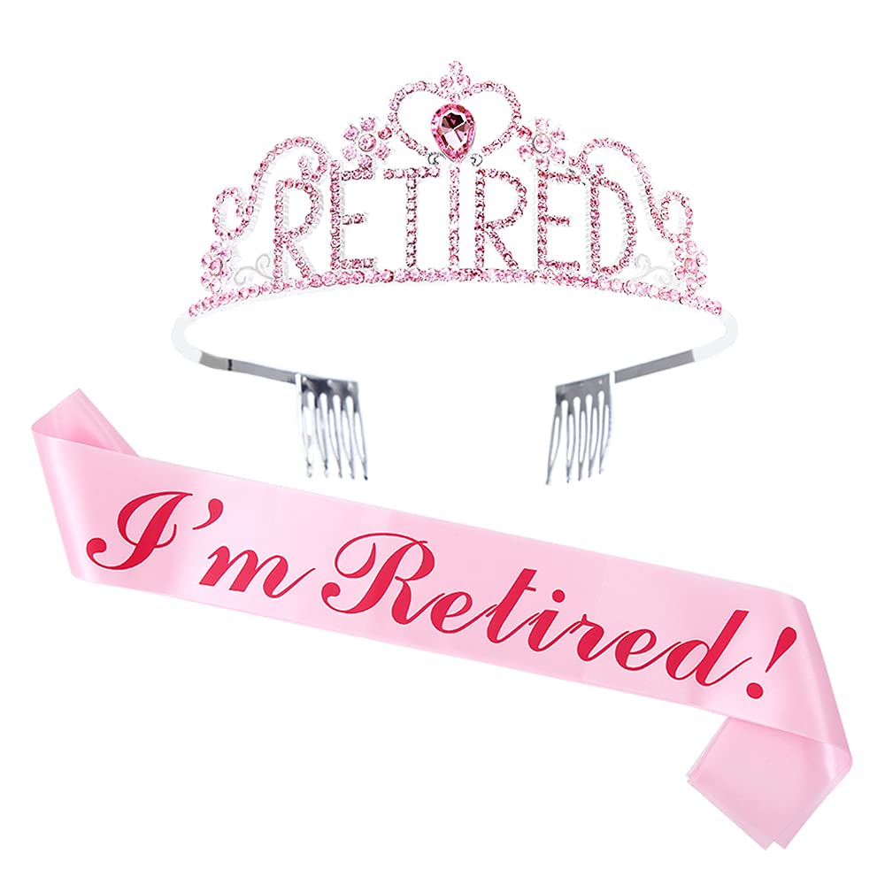Retirement Party Decorations Retirement Gifts for Women Retirement Tiara and Sash Set Pink Stain Sash Crystal Crown for Women Retirement Decorations…