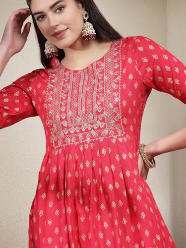 Image of Stylum Women's Printed & Embroidered Rayon A-Line Kurti With Dhoti Pant