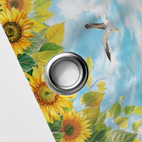 Image of Blue Beach Barn Door Shower Curtain, Ocean Coastal Seaside Shower Curtains, Rustic Sunflower Farmhouse Wood Plank Western Retro Nature Plant Waterproof Fabric Bathroom Curtain Sets with Hooks