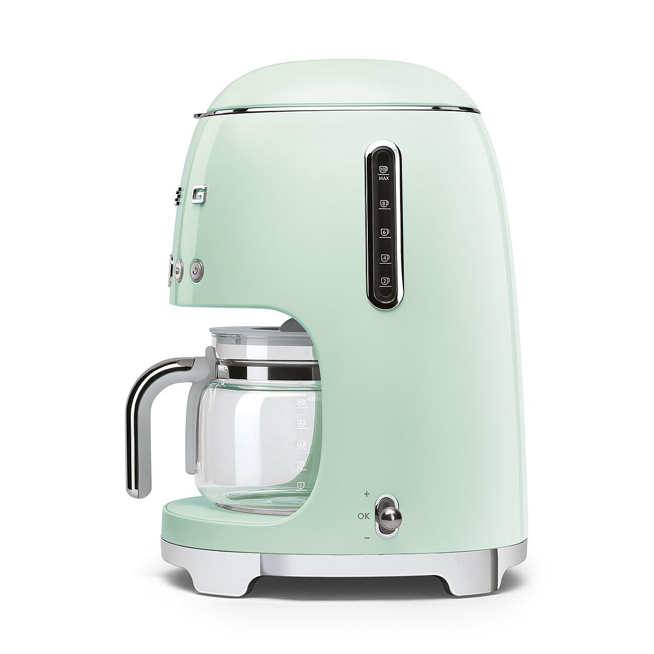 Smeg 50's Retro Style Aesthetic Drip Coffee Machine with 10 Cup Glass Carafe, Auto Start Feature, Keep Warm Plate, and Two Coffee Strength Settings (Cream): 10 Cup Pastel Green