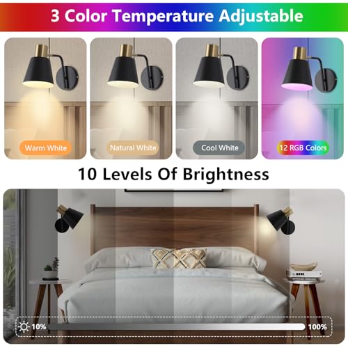 Image of Battery Operated Wall Sconce Set of 2,Rechargeable Wall Lights with Remote Control,Black Gold Modern Wall Sconces Dimmable,15 Colors,Wireless LED Wall Lamp for Bedroom Living Room Farmhouse Hallway