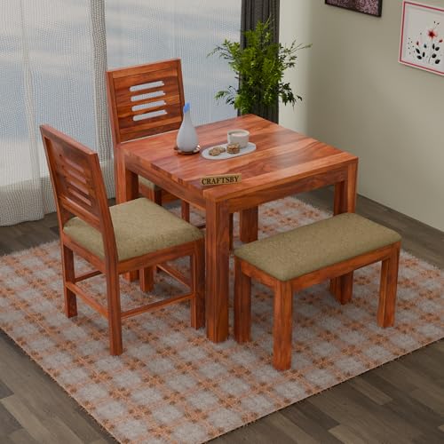 Image of Solid Sheesham Wood 3 Seater Dining Table | Three Seater Dinner Table with 2 Cushions Chairs & 1 Bench | Dinning Table Set 3 Seater for Living Room | Yellow Cushions | Honey Finish