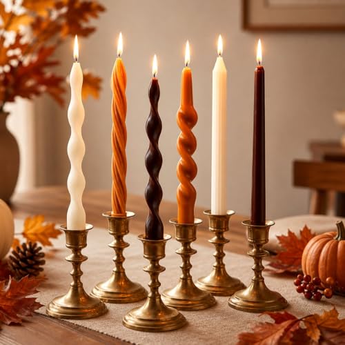 Lyrow 6 Pcs 10 Inch Fall Spiral Taper Candles Fall Dripless Twisted Wax Candles Brown Long Unscented Candle Sticks for Autumn Thanksgiving Harvest Home Party Decoration