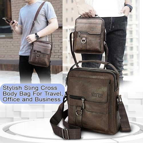 Image of Storite Textured PU Leather Sling Shoulder Bag for Men & Women | 4 Zip Pocket Crossbody Messenger Bag for Office & Travel | Dark Brown | 24.5 x 7 x 20.5cm