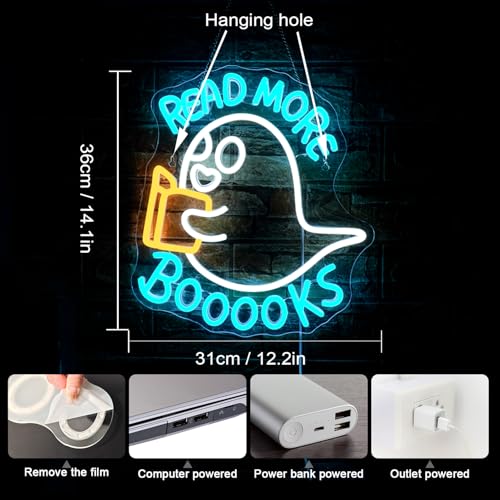 Image of WLHOPE Read More Booooks Neon Sign Read More Books Neon Signs for Wall Decor Dimmable Book Neon Lights Classroom LED Light Up Boo Sign for Bedroom Bookstore Reading Room Library Study Room Decoration