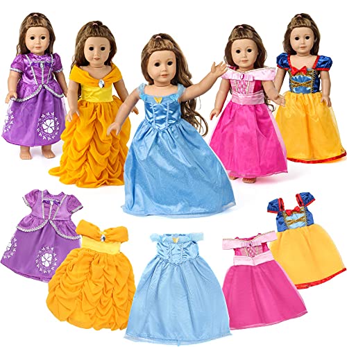5 Pc Princess Costume Clothes5 Pc Princess Costume Clothes Dress Set Includes Bella, Cinderella, Snow White, Mermaid and Aurora Costume Dress, Fit for 18 Inch Doll, Such as American Girl Doll, Journey Doll, Our Generation Dolls Dress Set Includes Bel