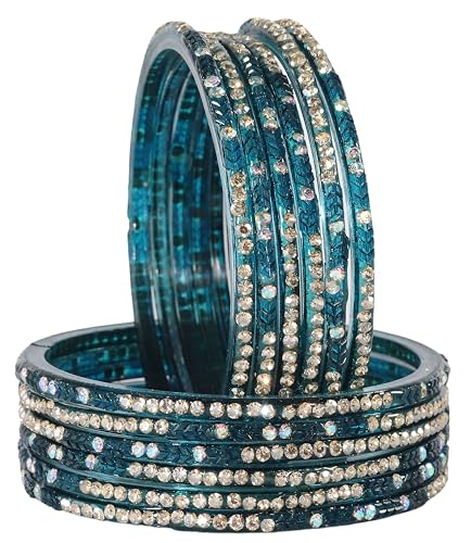 LAVAZZA Stylish Glass Bangles Set with Golden Zircon Diamond Stone & Beads For Women & Girls | Bangles for women Glass | Glass Bangles Set 2.6 | Glass Set-(-WaheGuru-MorPankhi-2.6)