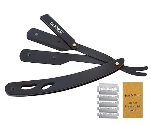 Doozay Maquinilla de afeitar recta para hombres  Maquinilla de afeitar premium de una sola hoja  10 cuchillas de acero inoxidable reemplazables  Kit