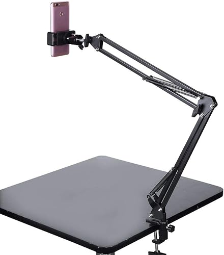 Soporte de teléfono para video, brazo articulado de mesa, brazo articulado de tijera, rotación de 360° sobre la cabeza, soporte para teléfono, brazo