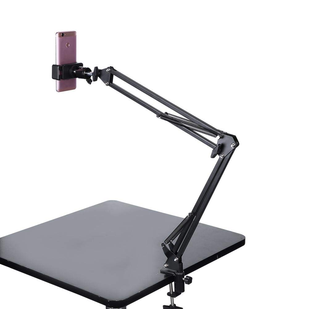 Overhead Video Stand Phone Holder, Tabletop Articulating Scissor Boom Arm Flexible 360° Rotation Over Head Phone Mount Cell Phone Lazy Long Arm for