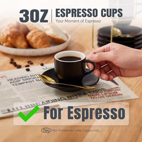 Image of Lareina 4 Ounce Espresso Cups with Saucers, Spoons and Metal Stand, Small Stackable Coffee Cups Set of 4, Ceramic Demitasse Cups for Nespresso Lungo, Double Espresso, Black