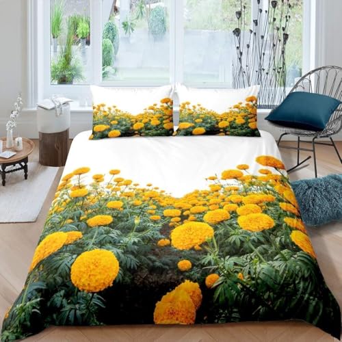 Funda Nordica Cama 105 Flores Amarillas Funda de edredon Estampado De Plantas 3D Funda Nórdica 200x200 Funda Nordica de Microfibra Suave con Cremallera + 2 Fundas de Almohada 50x75cm e-1198