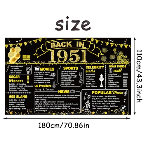 Image of DARUNAXY 75th Birthday Black Gold Party Decoration, Back in 1951 Banner 75 Year Old Birthday Party Poster Supplies Vintage 1951 Backdrop Photography Background for Men & Women 75th Class Reunion Decor