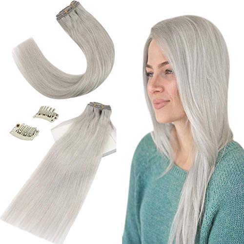 JoYoung Grey Clip in Hair Extensions Real Hair Full Head Set Clip in Grey Hair Extensions Double Weft Clip Hair Extensions Human Hair 7pcs 120g 14inch