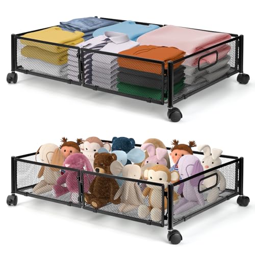 GOWTHHRT ベッド下収納ボックス 収納ケース 収納ボックス キャスター付き ローラー付き ケース ボックス ベッド下物入れ ワゴン 折り畳み 取り付け簡単 大容量 布団袋 衣類整理 多機能 スペース活用 省スペース 押したり引いたりできる 耐荷重性 (ブラック 2個入り)