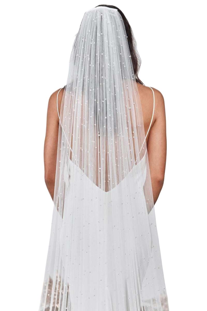 ROCKPOEM Luxurious Long Bridal Veil with Comb, Cathedral Wedding Veil with Beads and Pearls in White, Ivory, and Champagne - 3 Meters