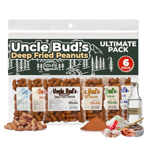 Uncle Buds Deep Fried Peanuts In Shell (6 Pack) | Flavored Mixed Nuts in Shell | Includes Cajun Salt and Vinegar Old Bay Spicy Peanuts | High-Protein Snacks | Ideal for Parties & Gourmet Treats