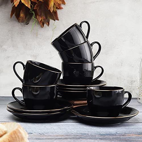 Image of Clay Craft Fine Ceramic Cup and Saucer Set of 12 (6 Cups + 6 Saucers) Solid Black Color with Gold Line Gift to Your Loved Ones on Any Occassions., Medium (CC-CS12-CREAM-BLACK+GL)