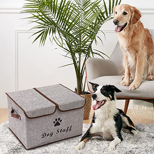 Pethiy Große Leinenstoff Aufbewahrungsbox mit deckel für Hunde Zubehör-Faltbare Doppelgitter Aufbewahrungskorb mit Griffen,für hundespielzeug Hundebekleidung-43 x 31 x 26 cm (Grau)