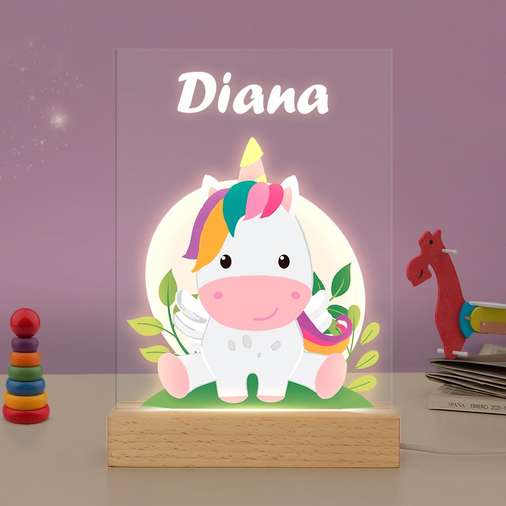 Transparent Gift Lámpara Infantil Personalizada con Nombre Unicornio. Luz Quitamiedos Infantil. Luz de Noche para Niños y Bebés. Lámparas Personalizadas de Metacrilato LED. Regalo Bautizo Niño y Niña