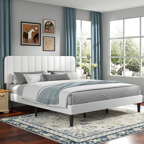 Image of VECELO King Size Bed Frame with Upholstered Headboard, Velvet Platform Bedframe Mattress Foundation, Strong Wood Slat Support, No Box Spring Needed,White