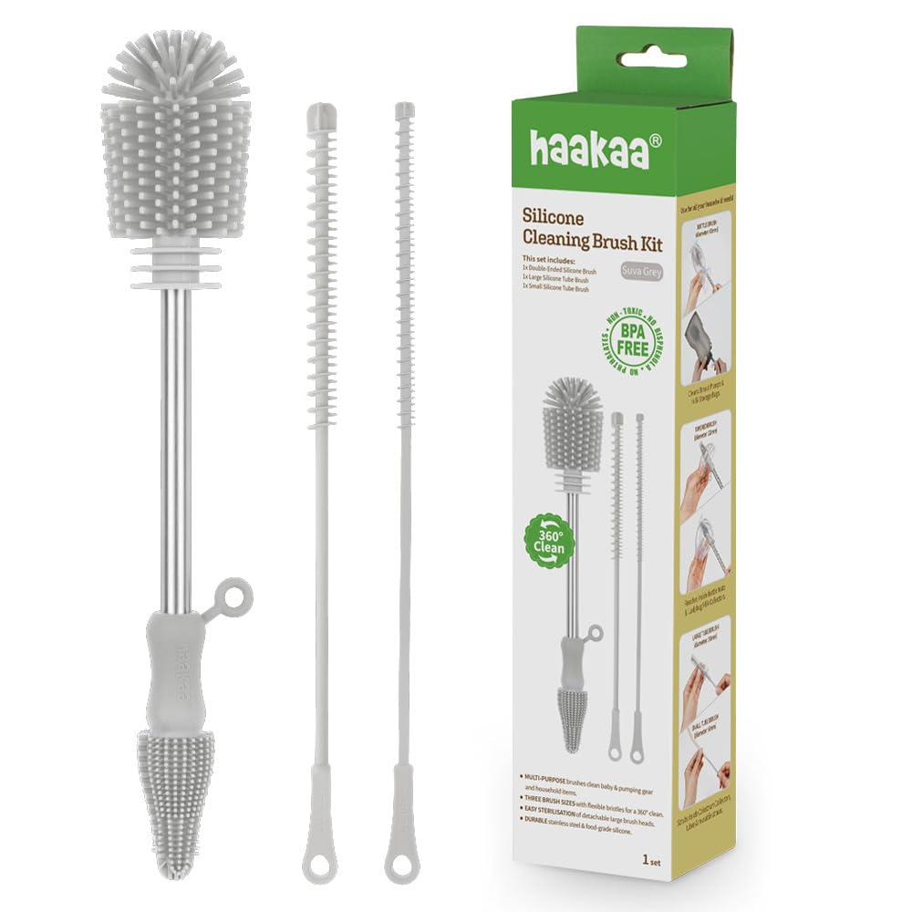 Haakaa Silicone Cleaning Brush Kit – Household Cleaning Brushes for Bottles and Crevices – Food-Grade Silicone: Dishwasher Safe (Kit-Grey)